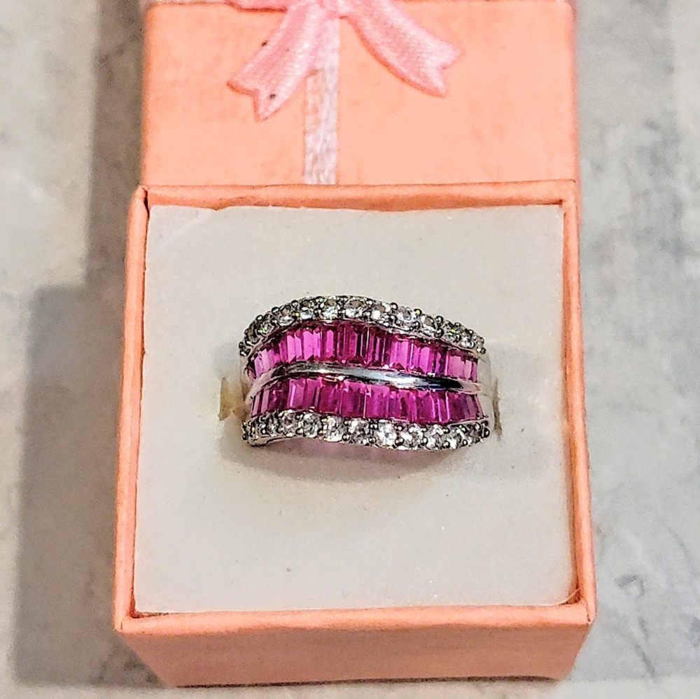 VINTAGE 4 ROW ETERNITY BAND BAGUETTE CUT RUBIES & ROUND DIAMONDS SILVER RING